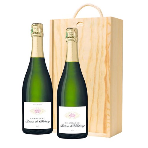 Baron De Villeboerg Brut Champagne 75cl Double Pine Wooden Gift Boxed (2x75cl)